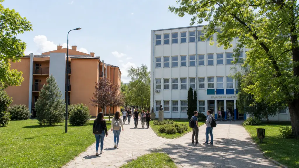 Зграда Педагошког факултета у Сомбору са студентима испред улаза