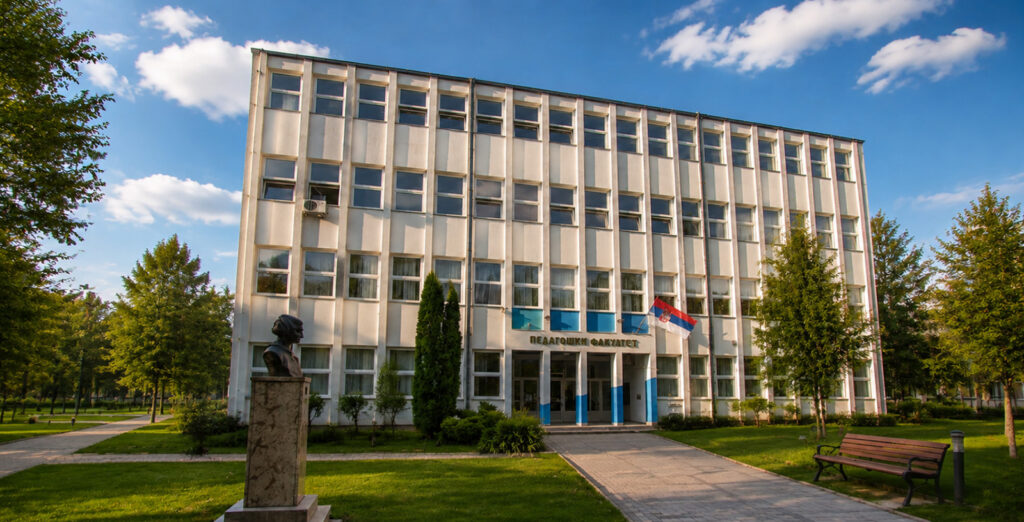 Зграда Педагошког факултета у Сомбору са бистом Исидоре Секулић испред улаза
